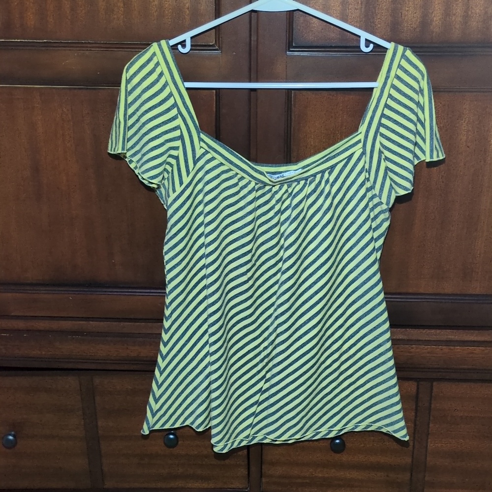 Necessary Objects Yellow and Gray Striped Scoop Neck Top